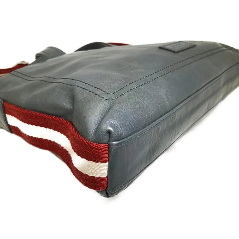 BALLY 2Way Business Bag Striped Gray Leather Silver Hardware